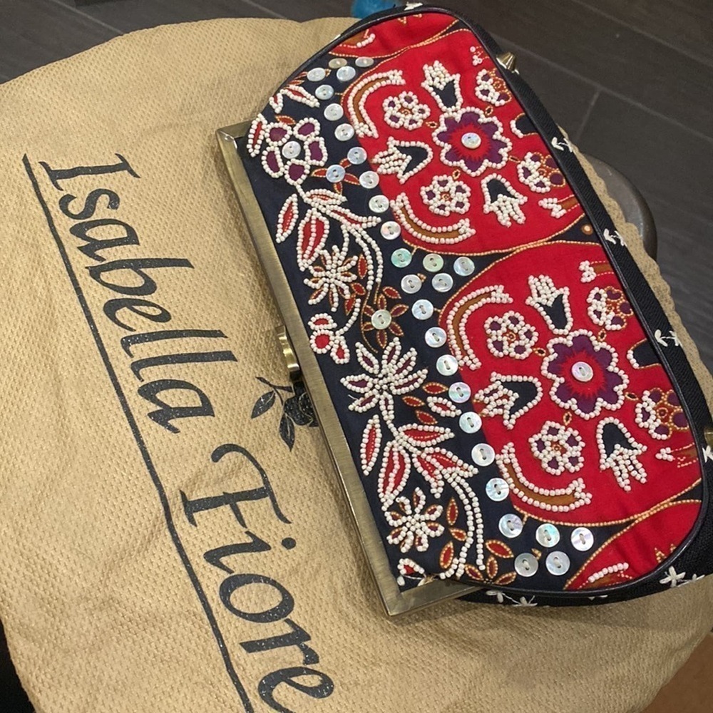 ISABELLA FIORE Beaded Floral Convertible Clutched Shoulder Bag Black Red - Picture 6 of 9